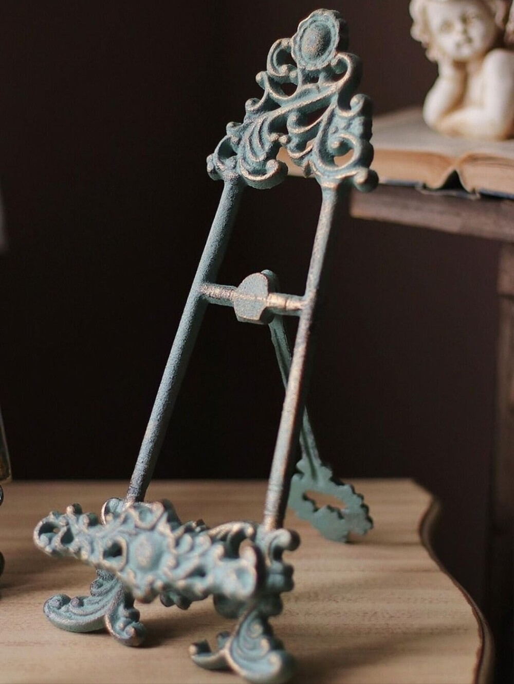 Decorative Metal Easel Stand Vintage Turquoise Cast Iron Ornate Scroll Design